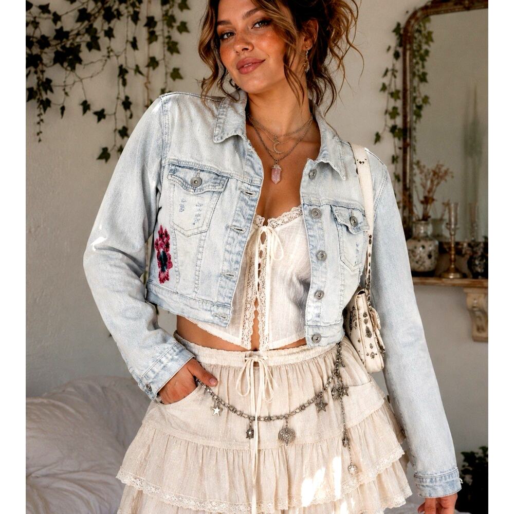 Dollhouse Cropped Denim Jacket Large Floral Embroidered Y2K Boho Fairy Grunge